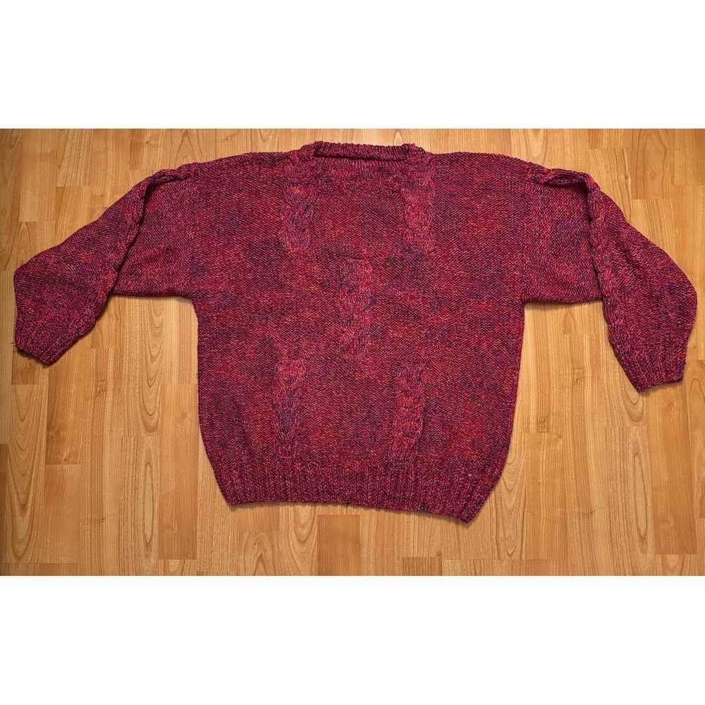 HAND KNIT Sweater Women Sz M Chunky Cable Fisherman Winter Jumper Burgundy mixed